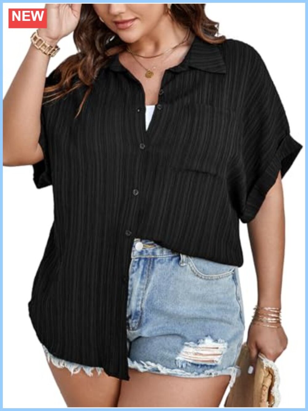 Plus Size Women's Oversized Textured Button Down Short Sleeve Shirt with